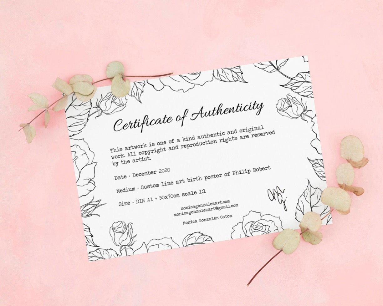 CUSTOM LINE ART BIRTH POSTER 1:1 scale - Minimalist illustration - MonicagonzalezArt