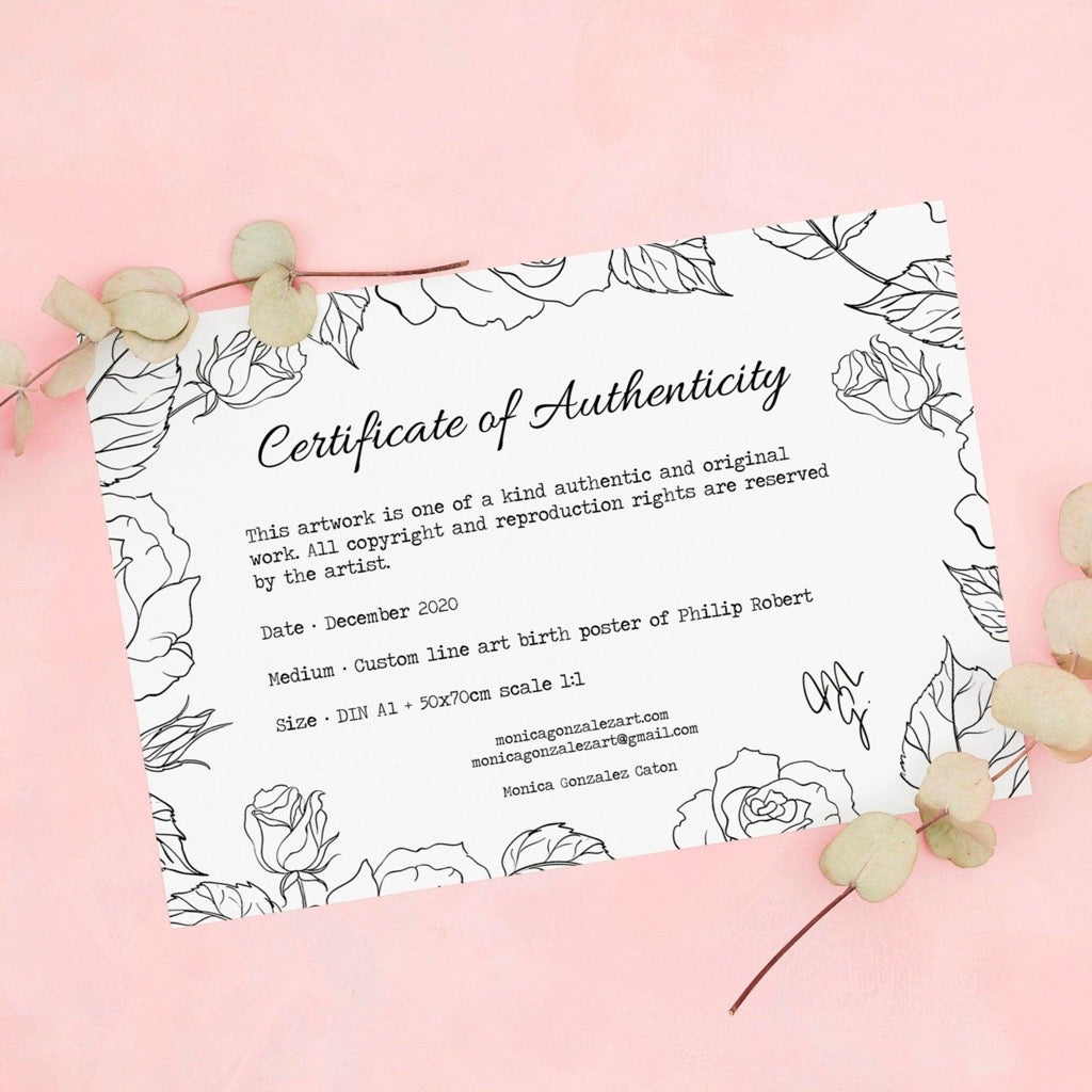 Certificate of Authenticity of custom birth poster hand drawn 1:1 scale