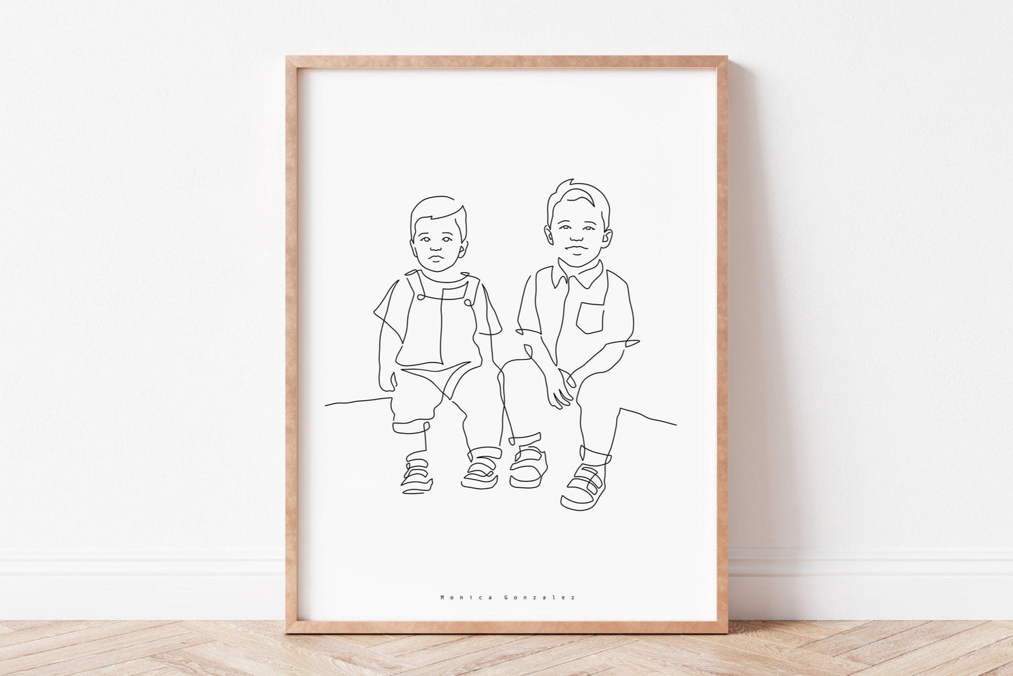 Line portrait of two kids smiling at the camera. Line art, minimalist illustration style