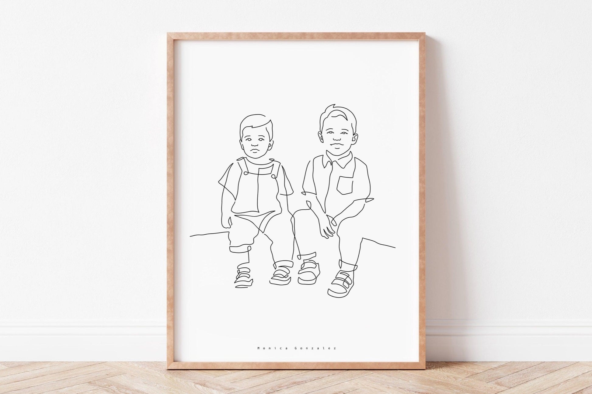 Line portrait of two kids smiling at the camera. Line art, minimalist illustration style