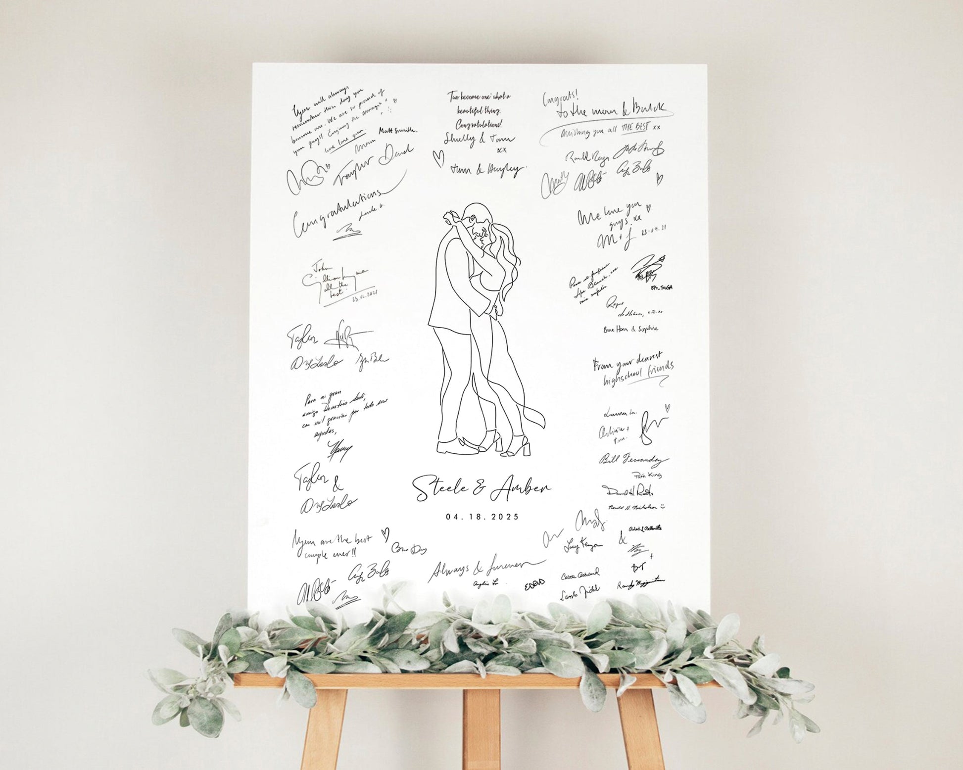 Wedding guest book line art on a easel