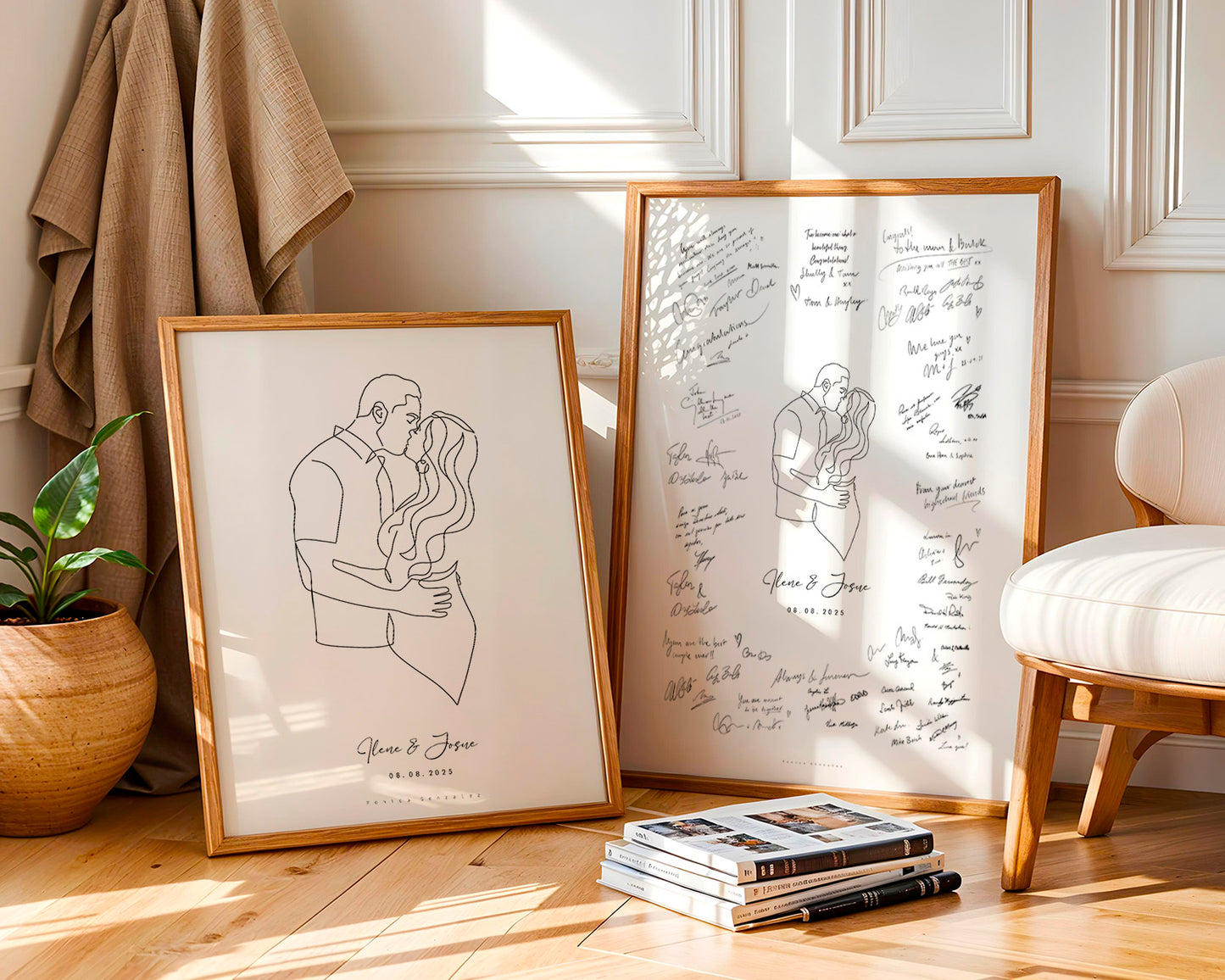 Two framed line art prints of a couple on a wooden floor with books and a plant.