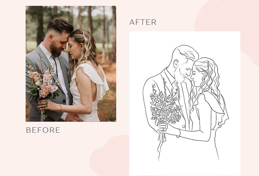 Custom wedding portrait comparison. Before and After of a wedding photo of a couple transformed into a line drawing.