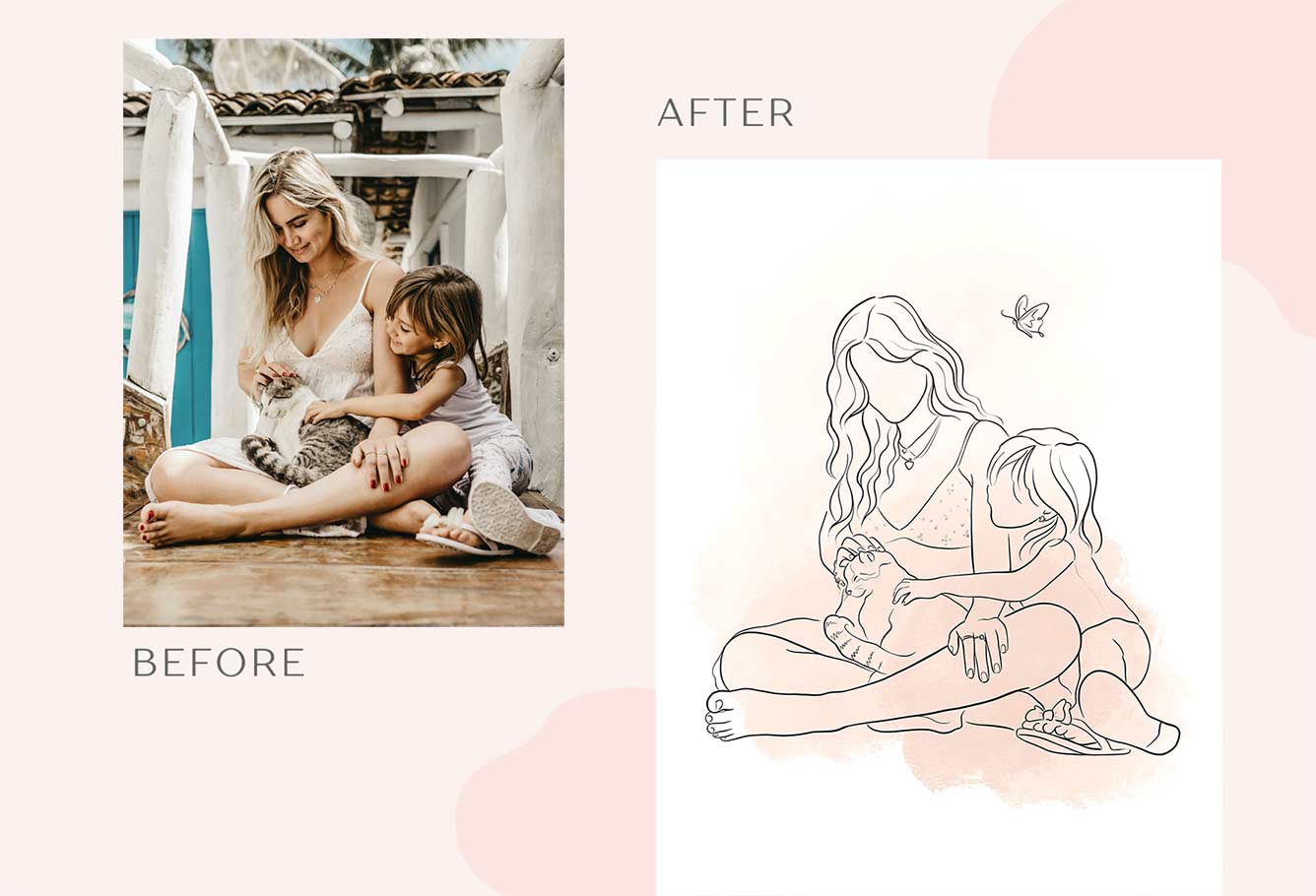 Family faceless line portrait transformation. Before and after