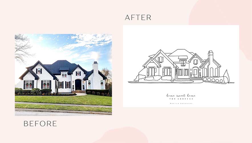 Custom house line portrait transformation. Before and After of a house illustration