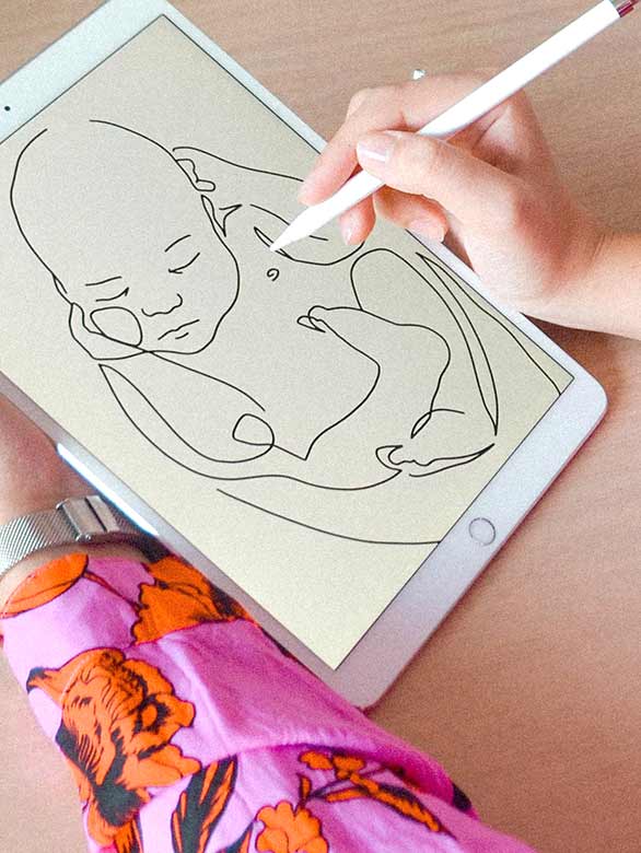 Hand drawing a line art portrait of a baby on an iPadpro. Explaining how digital art works.