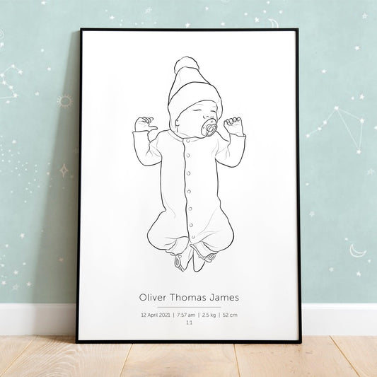 Custom birth poster 1:1 scale. Baby line drawing