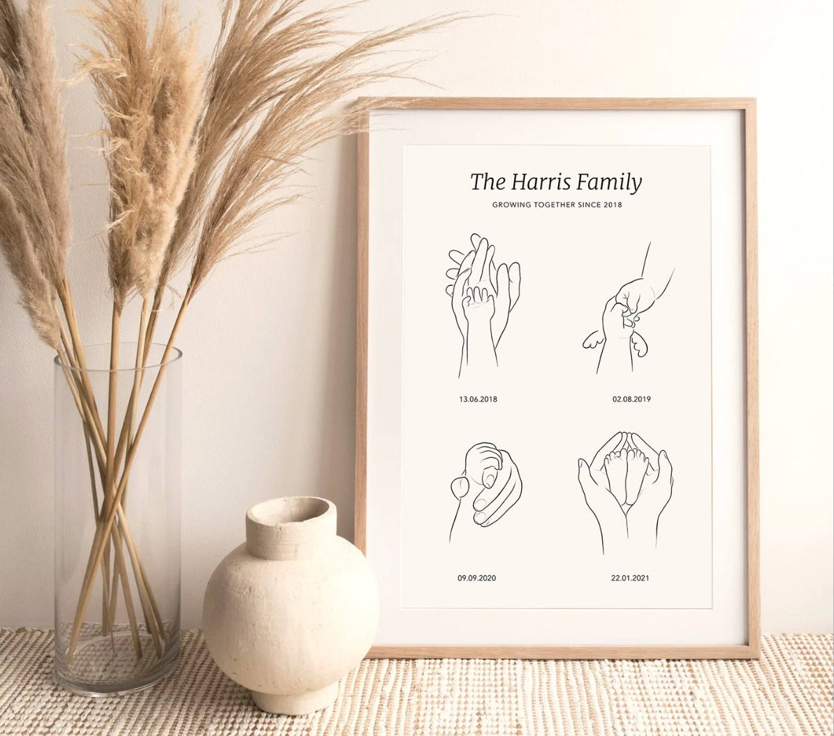Our story personalised print. Family milestones print with hands line illustrations