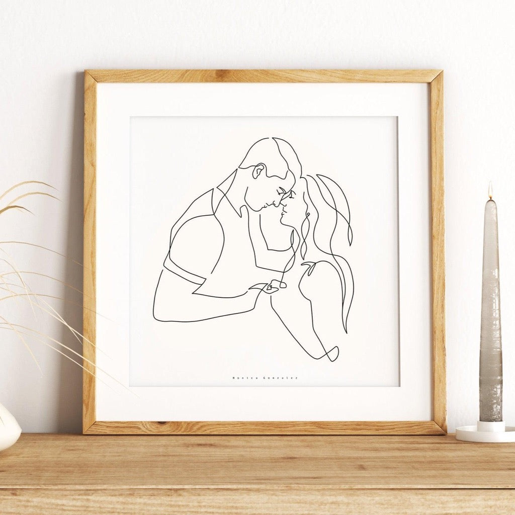 Line art drawing of a couples portrait showing as minimalist wall decor