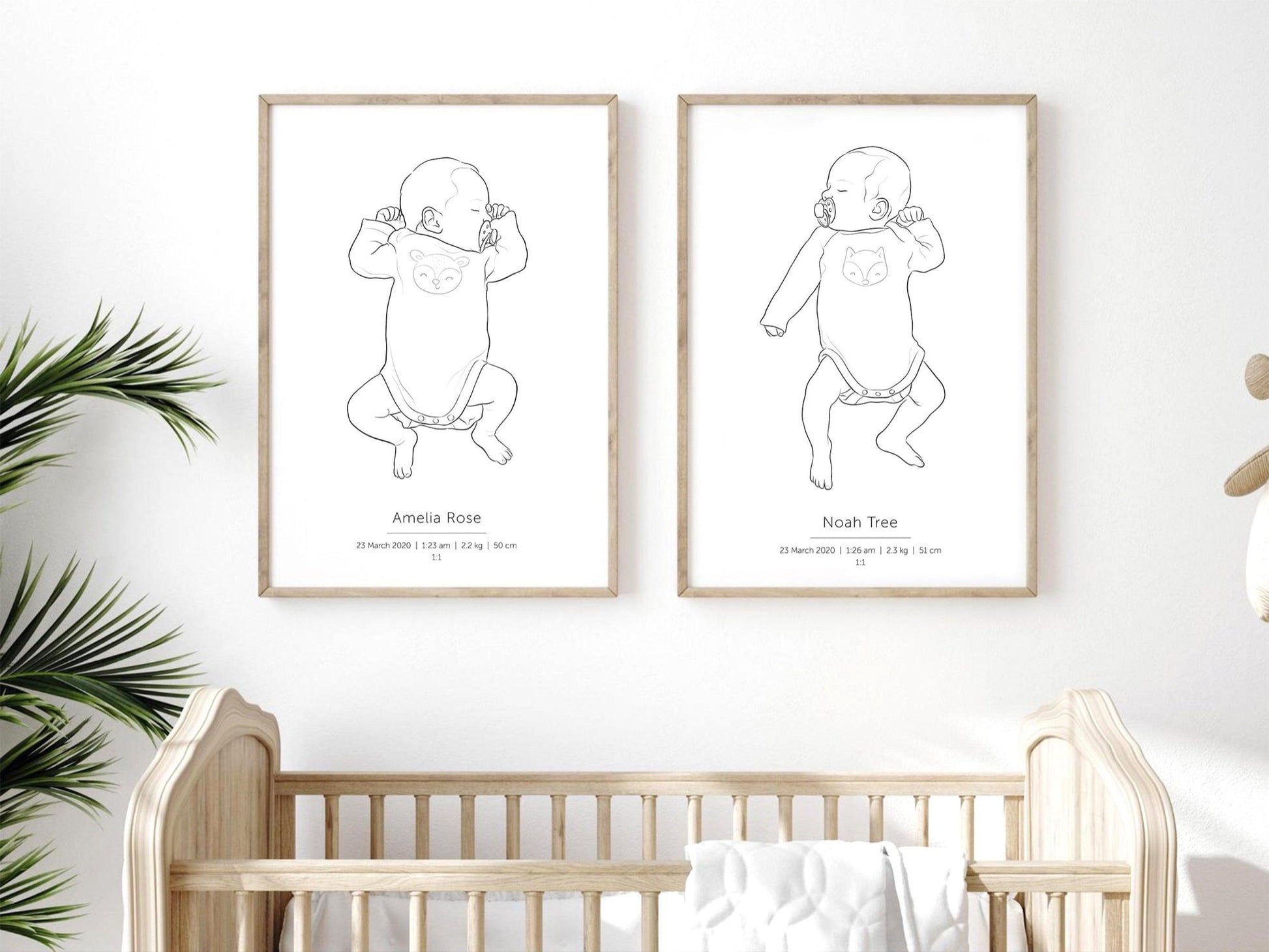 Custom made birth posters of twins in 1:1 scale with a detailed hand drawn portrait of the twins