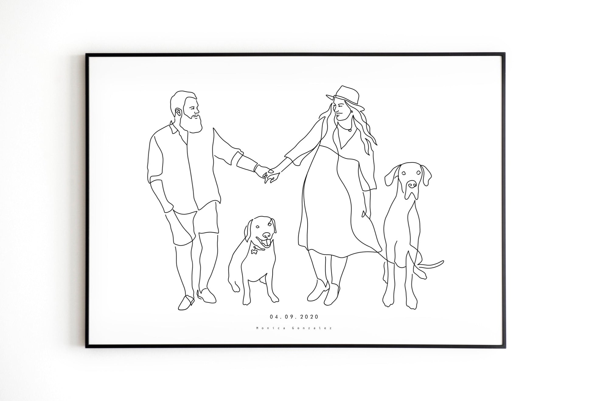 Family line portrait. Drawing of a couple with their two dog pets in minimalist drawing style