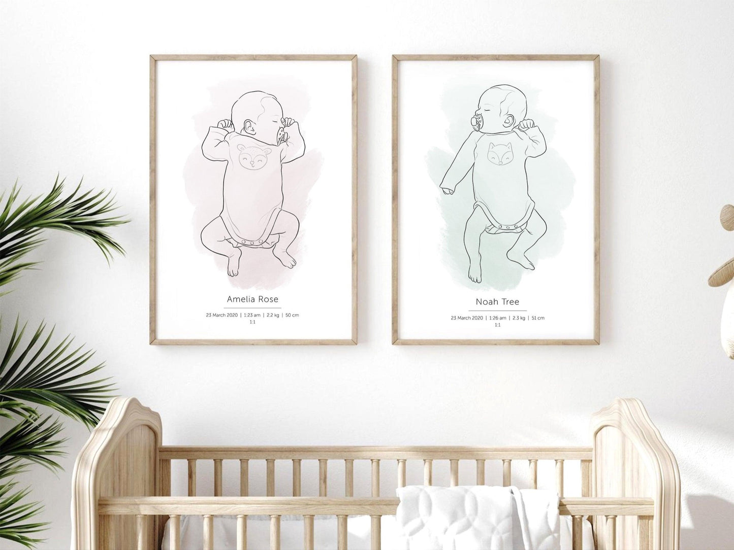 Custom made birth posters of twins in 1:1 scale with a detailed hand drawn portrait of the twins