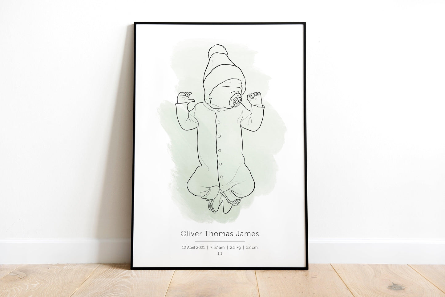 Custom made birth poster with watercolor wash in 1:1 scale with a detailed hand drawn portrait of the baby