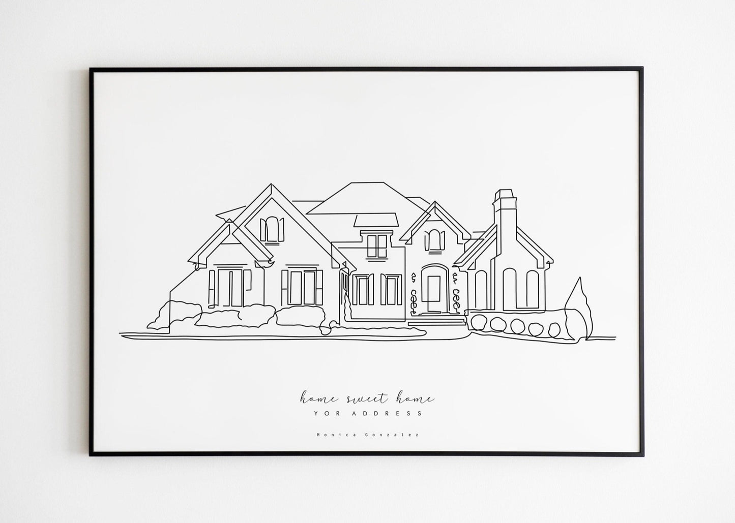 Minimalist line drawing of a house with the address at the bottom and a text that reads home sweet home