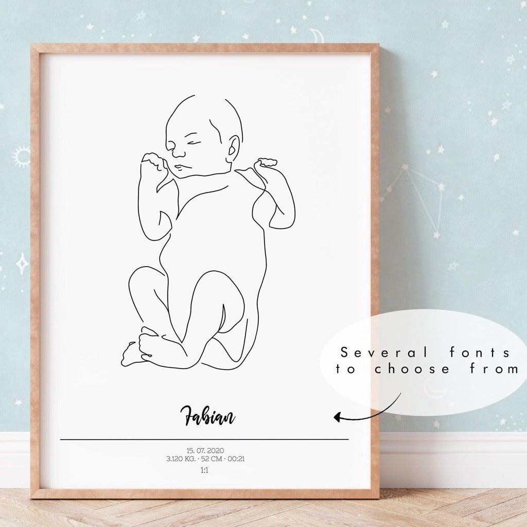 Birth poster 1:1 scale. Custom baby line art