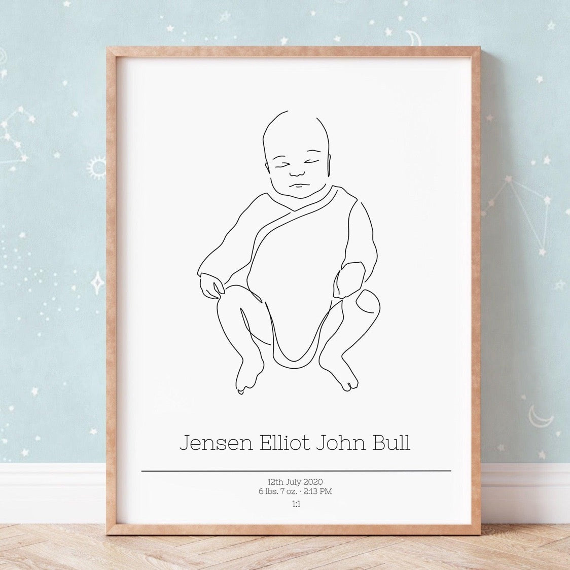 Minimalist custom made birth poster with a line art illustration of the baby. Scale 1:1