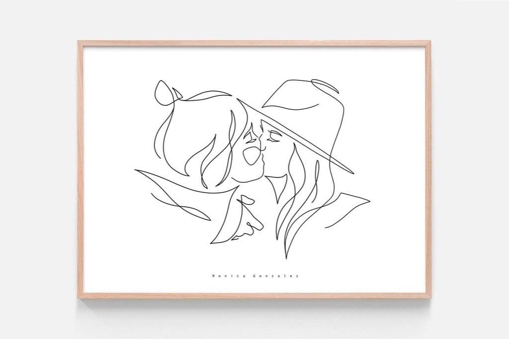 Line art drawing of a lesbian couple kissing. Minimalist portrait style