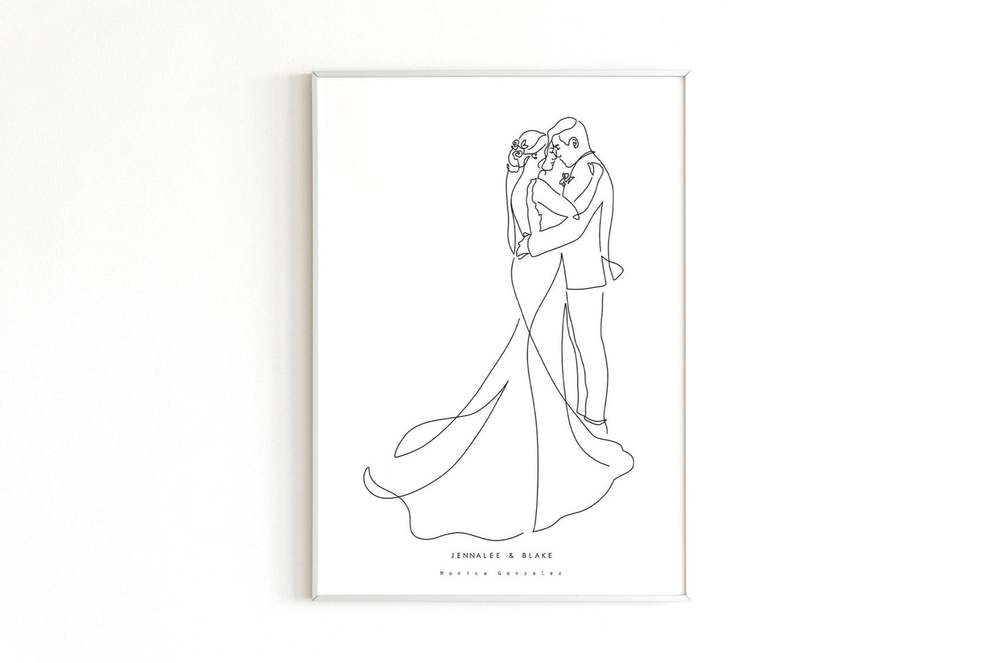 Line art drawing of a couple in their wedding day showing as minimalist wall decor