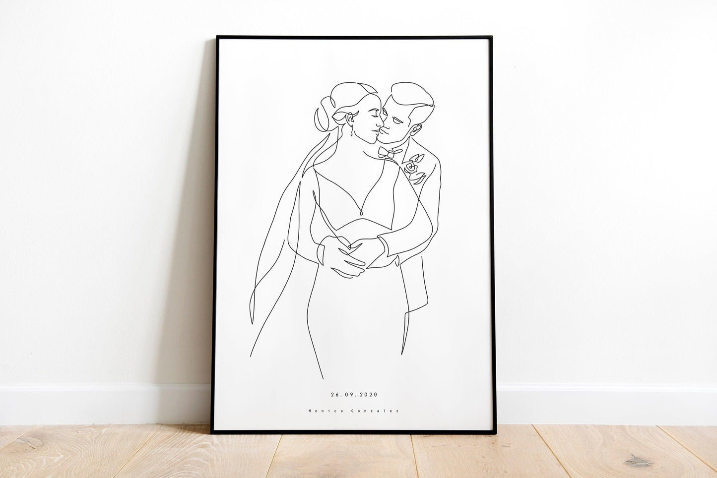 Line portrait of a couple in their wedding day looking at each other. One line art illustration