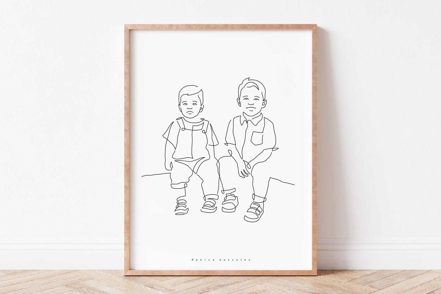 Line portrait of two kids smiling at the camera. Line art, minimalist illustration style