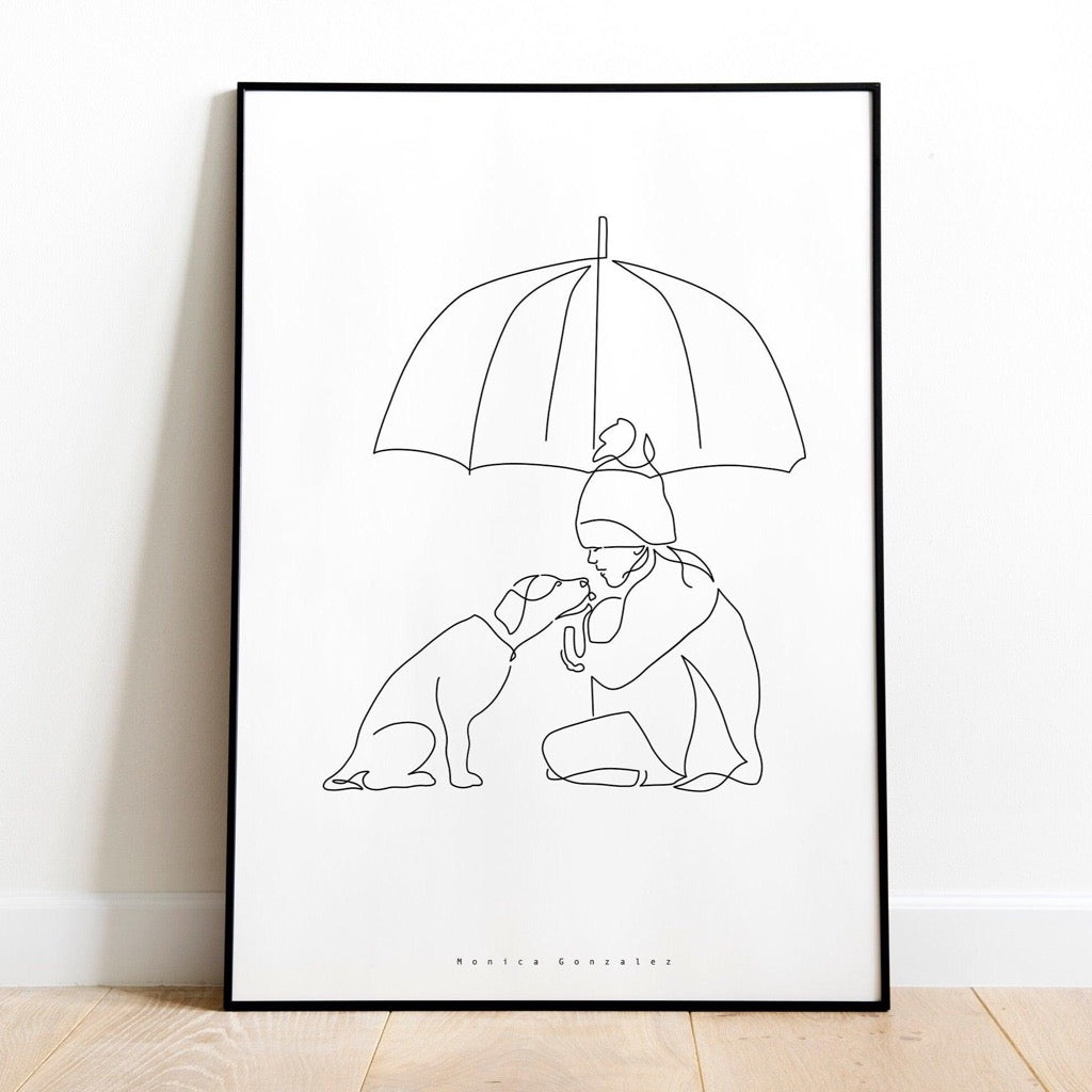 Line art drawing of a kid and a dog under an umbrella. Continuous line modern illustration