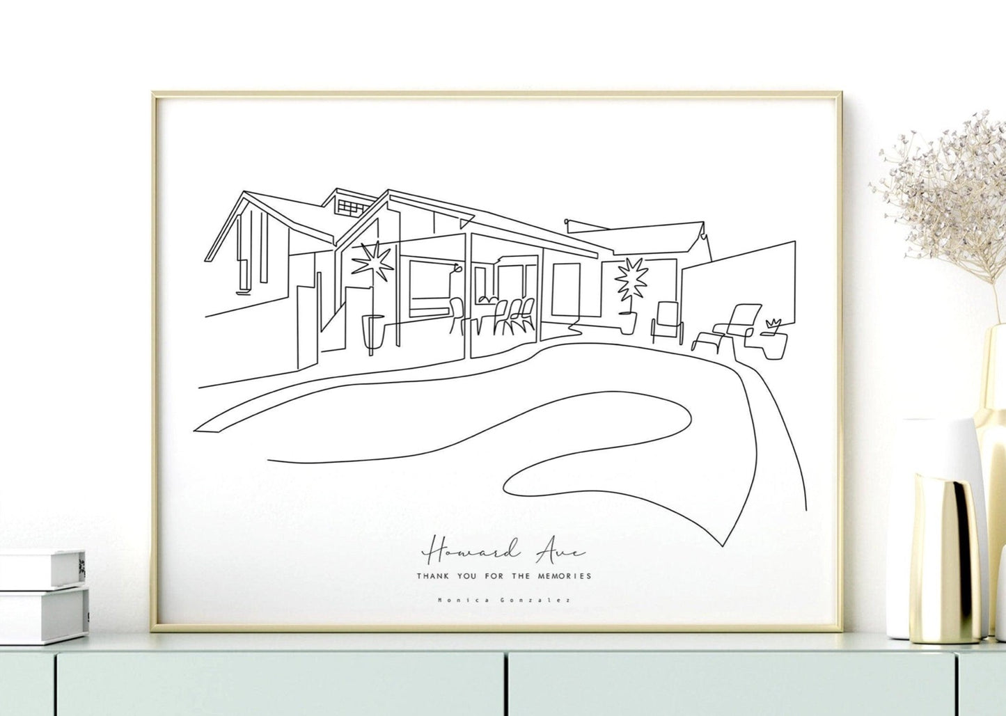 Minimalist line portrait of a house with the address written at the bottom