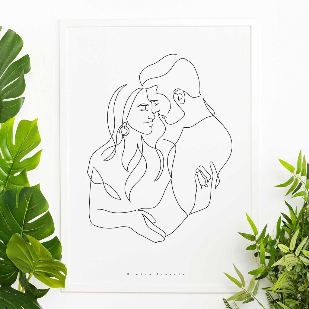 Line art drawing of a couples portrait showing as minimalist wall decor