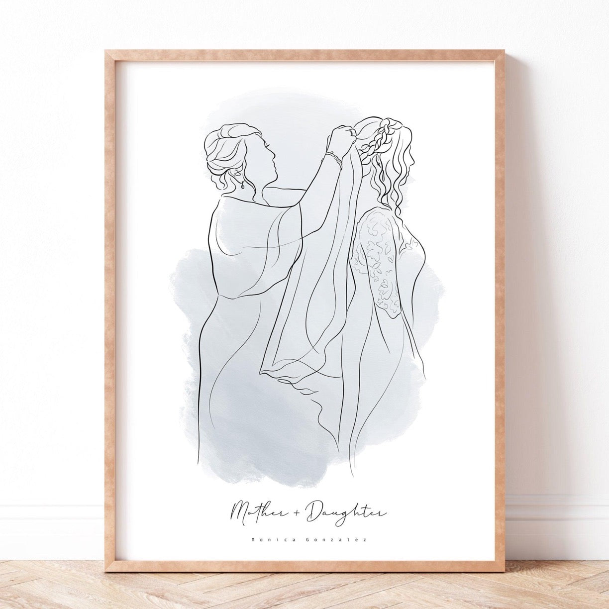 Mother and daughter in their wedding day faceless line drawing. Faceless portrait on a frame. 
