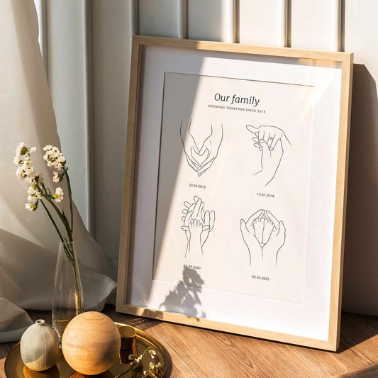 Our family. Our story print with line illustrations of hands that highlight special life events and milestones of your family. Met, engaged and married, miscarriage, first kid.