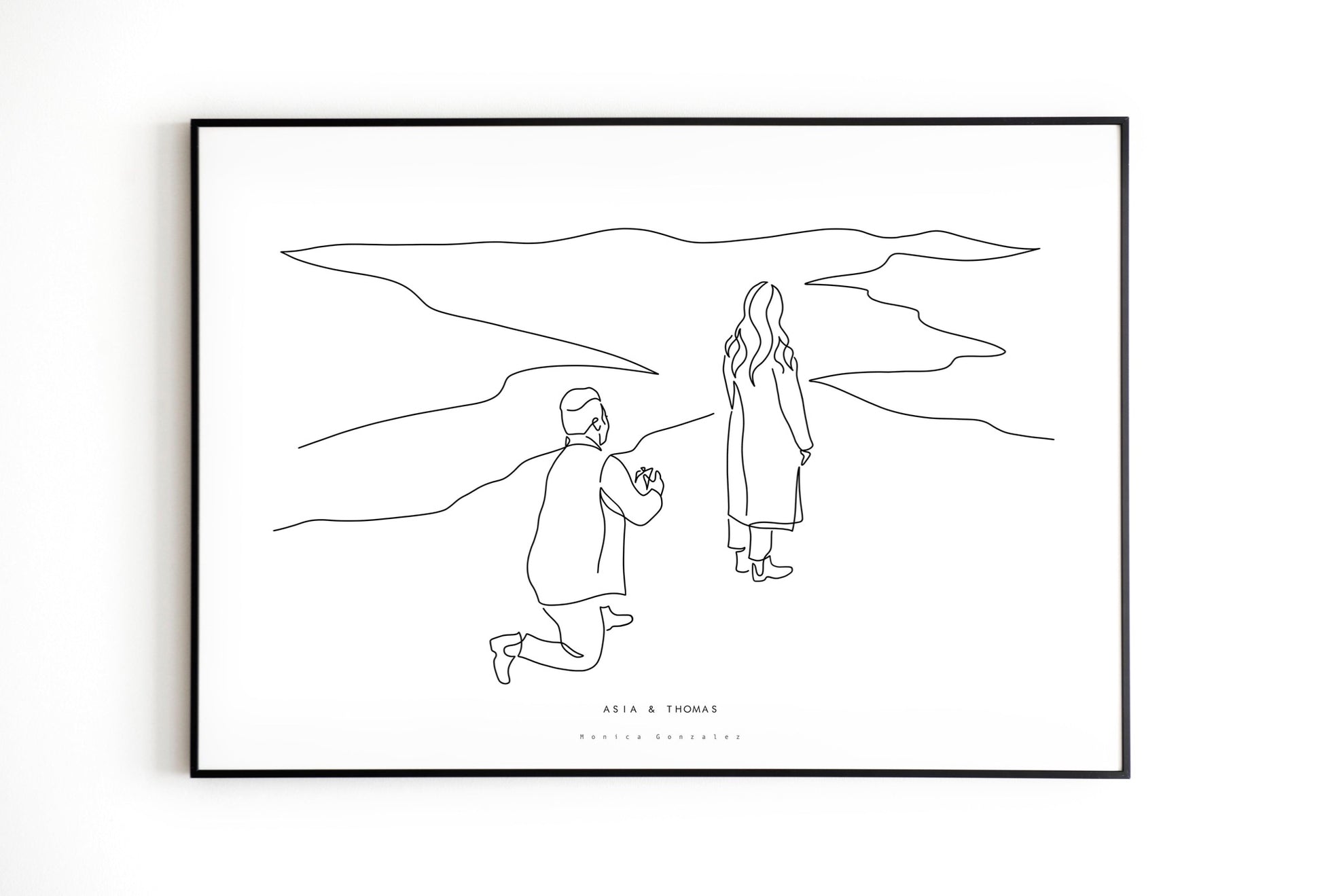 Line drawing of a couple in their engagement proposal moment