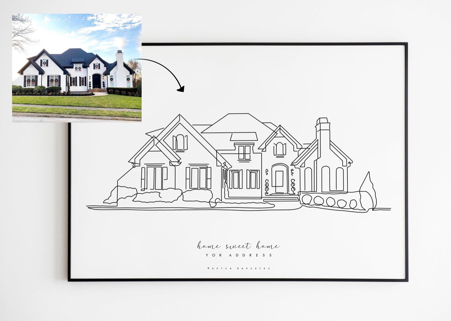 Minimalist line drawing of a house compared with the photo of reference. Line drawing from photo