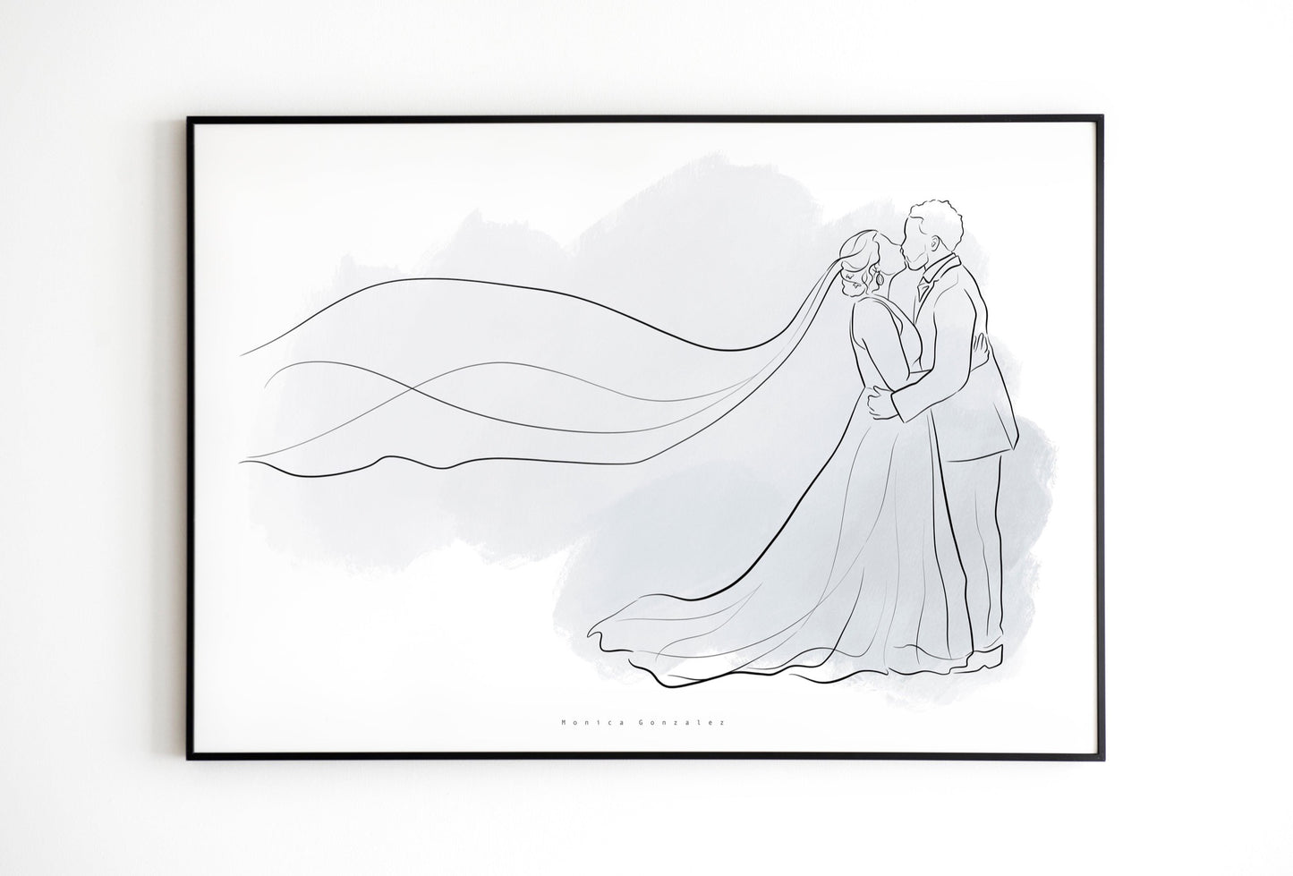 Wedding couple faceless line drawing. Faceless portrait on a frame. 
